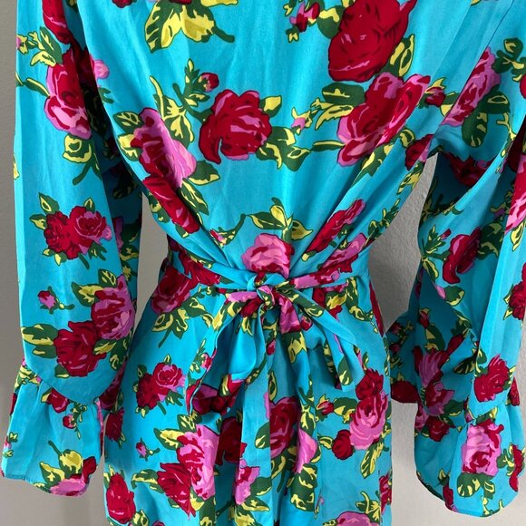 Betsey Johnson Womens Small Floral Blouse Bell Sleeves V Neck Waist Tie Top - Picture 9 of 9